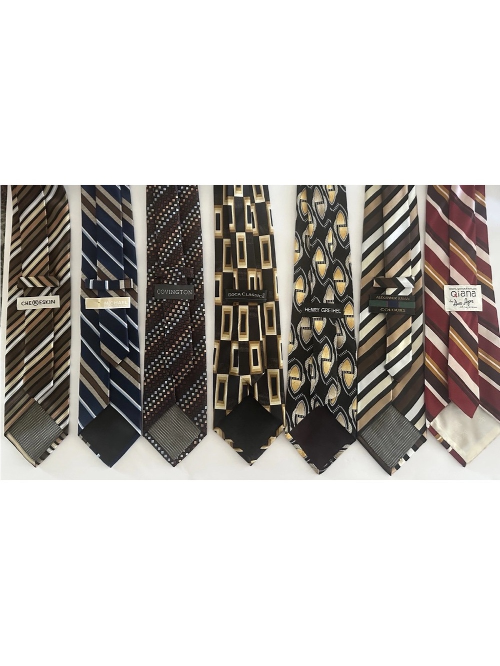 Lot of 7 Men’s Ties – Vintage Striped & Geometric Patterns – Brown Gold Navy Red